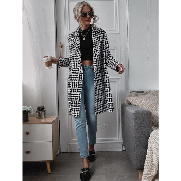 Lapel Collar Double Breasted Houndstooth plaid long pea Coat peacoat trench coat - Picture 3 of 5